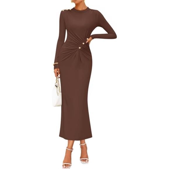 Dresses & Skirts - Womens Long Sleeve Mock Neck Bodycon Midi Dress Coffee